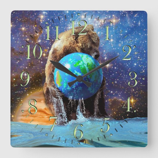 Grizzlybär & Planet Earth Fantasy Art Clock Quadratische Wanduhr (Vorderseite)