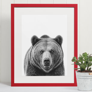 Grizzlybär-Porträt Wald Schwarz Weiß Poster
