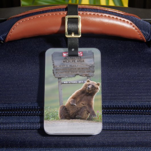 Grizzlybär spielt mit Schild Gepäckanhänger (Vorderseite Insitu 2)