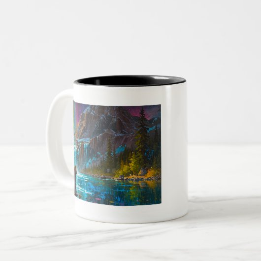Grizzlybär und Nordlichtkunst Zweifarbige Tasse (Vorderseite Links)