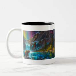 Grizzlybär und Nordlichtkunst Zweifarbige Tasse