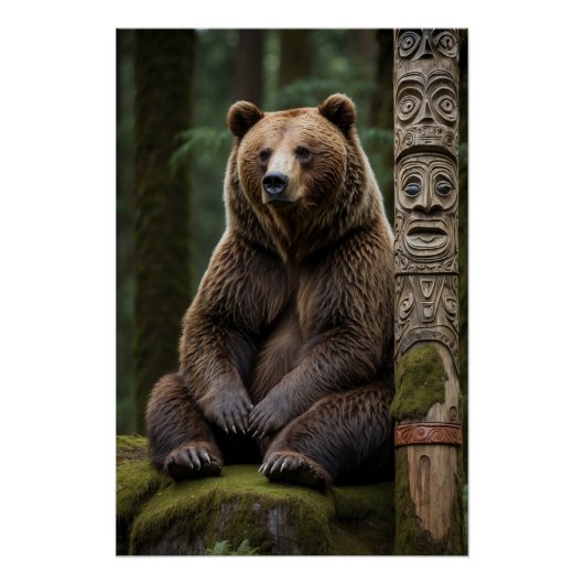 Grizzlybär und Totem Pole Art Poster (Vorderseite)