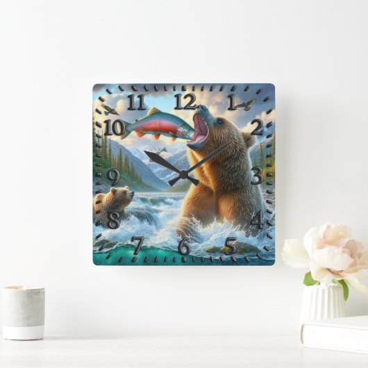 Grizzlybären mit Forellenlachs Quadratische Wanduhr (Zuhause)