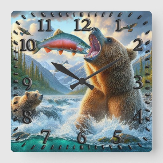 Grizzlybären mit Forellenlachs Quadratische Wanduhr (Vorderseite)