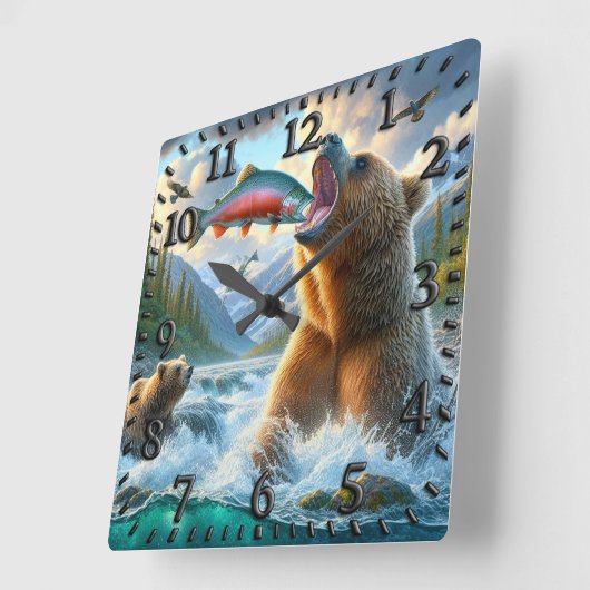 Grizzlybären mit Forellenlachs Quadratische Wanduhr (Winkel)