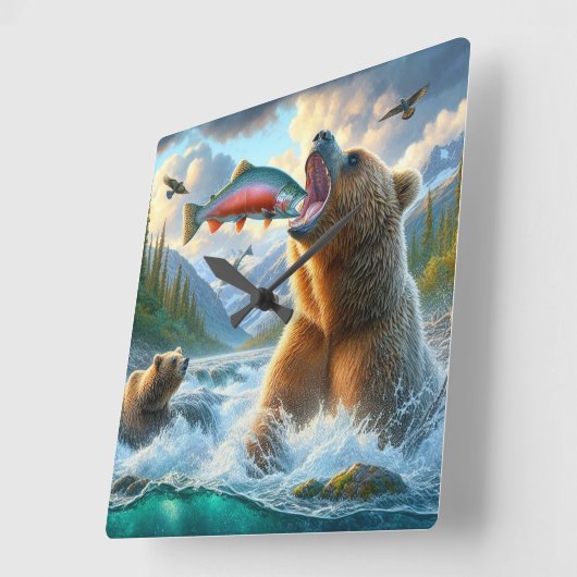 Grizzlybären mit Forellenlachs Quadratische Wanduhr (Winkel)