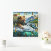 Grizzlybären mit stählernen Forellenlachs springen Quadratische Wanduhr (Zuhause)