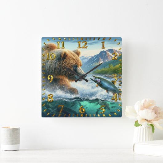 Grizzlybären mit stählernen Forellenlachs springen Quadratische Wanduhr (Zuhause)
