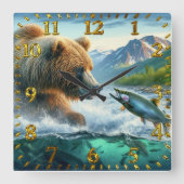 Grizzlybären mit stählernen Forellenlachs springen Quadratische Wanduhr (Vorderseite)