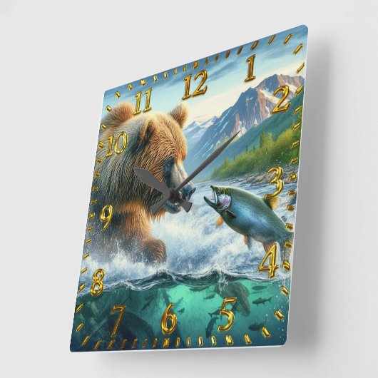 Grizzlybären mit stählernen Forellenlachs springen Quadratische Wanduhr (Winkel)