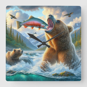 Grizzlybären mit Stahlkopf-Lachs springend Quadratische Wanduhr