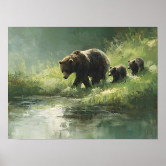 Grizzlybärenfamilie am Fluss Poster
