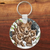 Grizzlybärmutter und Cubs im Winter Schlüsselanhänger (Vorderseite)