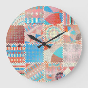 Grobes Canvas-Patchwork: Texturiertes Vintage-Must Große Wanduhr