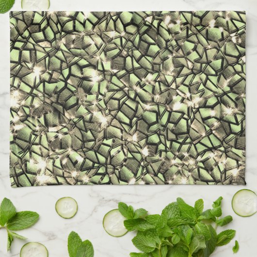 Grobgrüne Sepia-Mosaikschichten und Glitzern Geschirrtuch (Gefaltet)