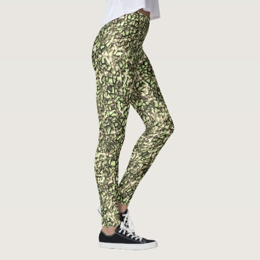 Grobgrüne Sepia-Mosaikschichten und Glitzern Leggings (Rechts)