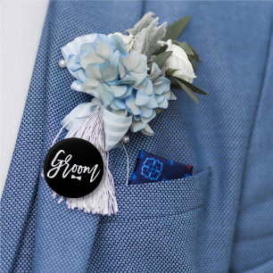 Groom Bow Tie White Script Bridal Party Wedding Button