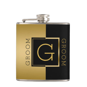 Groom Gold & Black Modern Geometric Design Flachmann