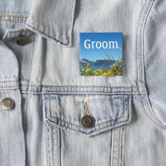 Groom Hochzeitsknopf, Blume und See, blauer Himmel Button (Beispiel)