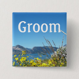 Groom Hochzeitsknopf, Blume und See, blauer Himmel Button