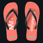 Groom Mr Coral Badesandalen<br><div class="desc">Helle Koralle mit Herrn und Nachname geschrieben in weißem Text und Datum der Hochzeit in türkisblau,  um mit schwarzen Akzenten personalisieren. Strand Ziel oder Flitterwochen Flip Flops für den neuen Bräutigam. Originale Entwürfe von TamiraZDesign.</div>