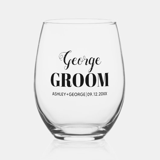 Groom Name schwarze Typografie Hochzeit Weinglas Ohne Stiel (Vorderseite)