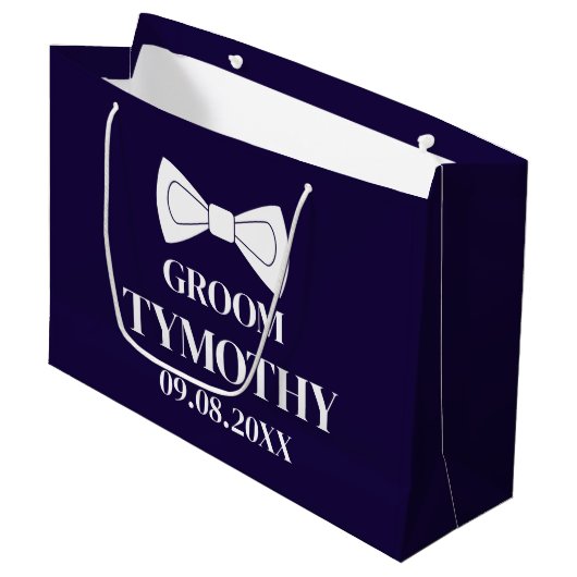 Groom Navy Blue Elegant Moderne Namensgeschenke Ho Große Geschenktüte (Vorderseite Schrägansicht)