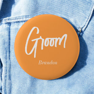 Groom Orange White Script Wedding Button