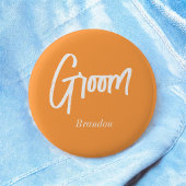 Groom Orange White Script Wedding Button