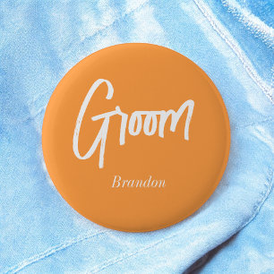 Groom Orange White Script Wedding Button