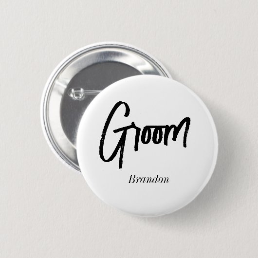 Groom Schwarz-weiße Skripthochzeit Button (Vorne & Hinten)