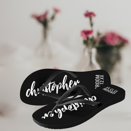 Groom Script Name Hochzeitdatum Schwarze Flip Flop Badesandalen