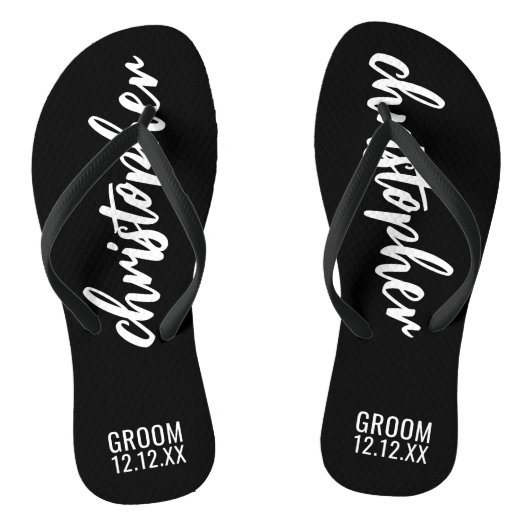 Groom Script Name Hochzeitdatum Schwarze Flip Flop Badesandalen (Fußbett)