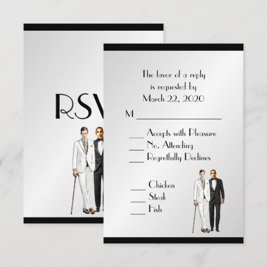 Groom und Groom Menü Hochzeit RSVP Klasse Silver Karte (Vorne/Hinten)