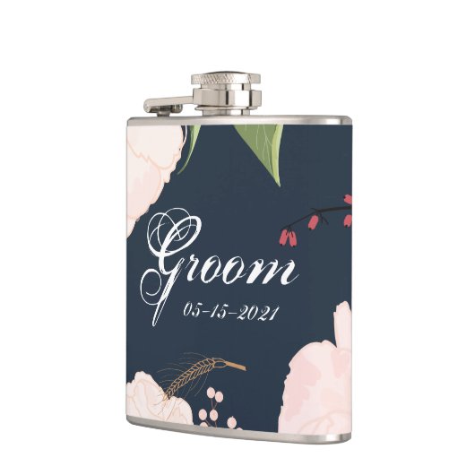 Groom Whiskey Flask Baby Pink Cosmos auf Marine Flachmann (Links)