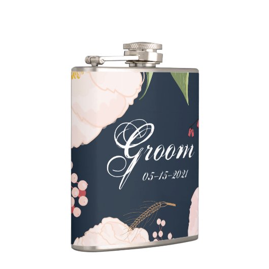 Groom Whiskey Flask Baby Pink Cosmos auf Marine Flachmann (Rechts)