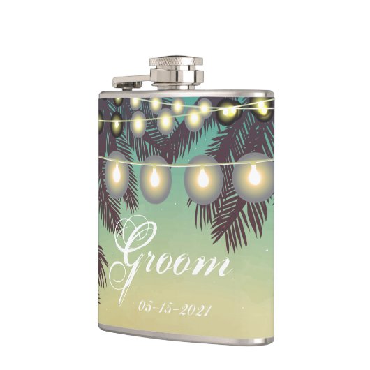 Groom Whiskey Flask Beach Sunset Palm Tree String Flachmann (Links)