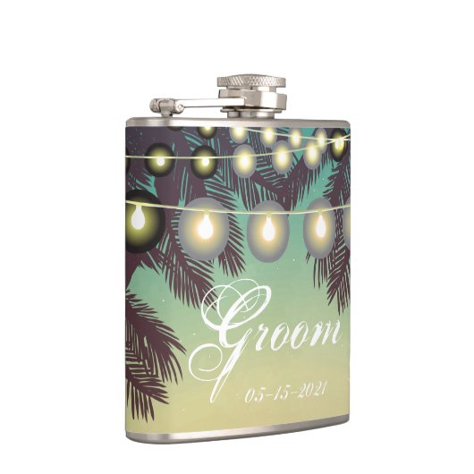Groom Whiskey Flask Beach Sunset Palm Tree String Flachmann (Rechts)