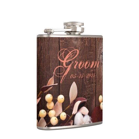 Groom Whiskey Flask Cotton Branch auf Dunkelholz S Flachmann (Rechts)