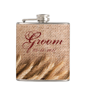 Groom Whiskey Flask Wheat on Burlap Sack Country R Flachmann