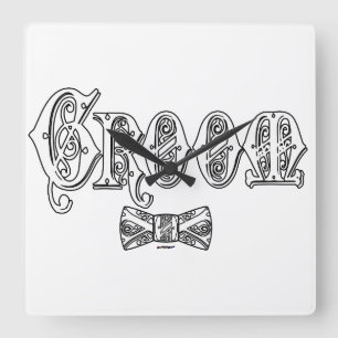 Groom with Bow Tie White and Black Type Quadratische Wanduhr