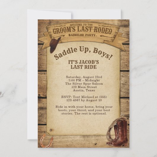 Groom's letzte Rodeo Saddle Up Boys Bachelor Party Einladung (Vorderseite)