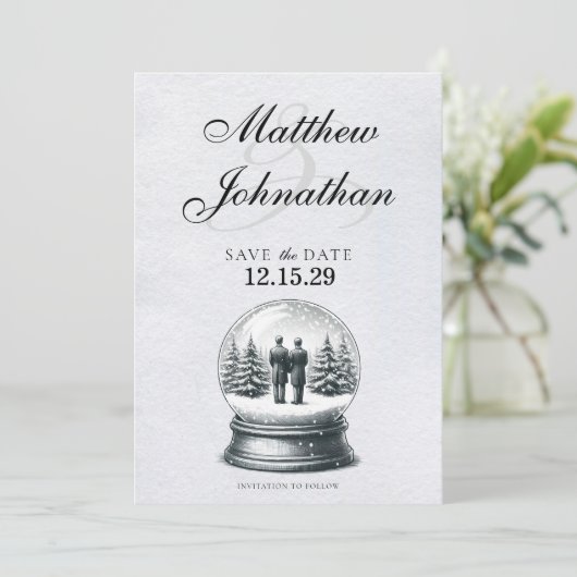 Grooms Snow Globe Save The Date (Stehend Vorderseite)