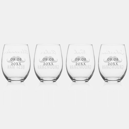 Groom's Team Name Mustache Wedding Date Weinglas Ohne Stiel (Hinten)
