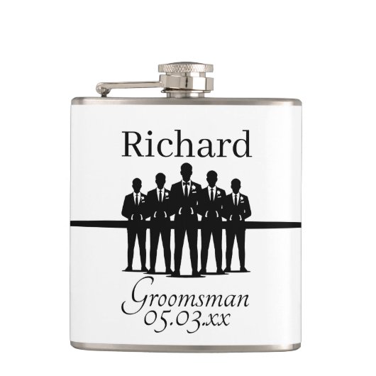 Groomsman Name Date Suit Silhouette Wedding Party Flachmann (Vorderseite)