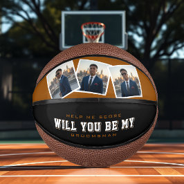 Groomsman Proposal 3 Photo Brown & Black Mini Basketball