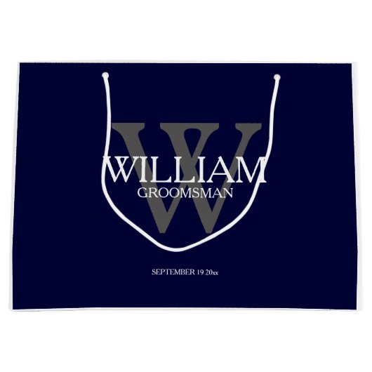 Groomsmen Gift Monogram Modern Navy Blue Große Geschenktüte (Vorderseite)