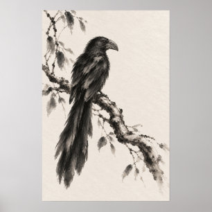 Groove-billed Ani auf verzweigtem Ast Tusche-Illus Poster
