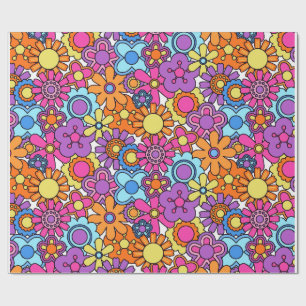 Groovige 70er Retro Flower Power Bunte Blumenmuste Geschenkpapier
