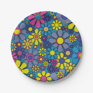 Groovige farbenfrohe Retro-Maximalist-Floral 60er  Pappteller